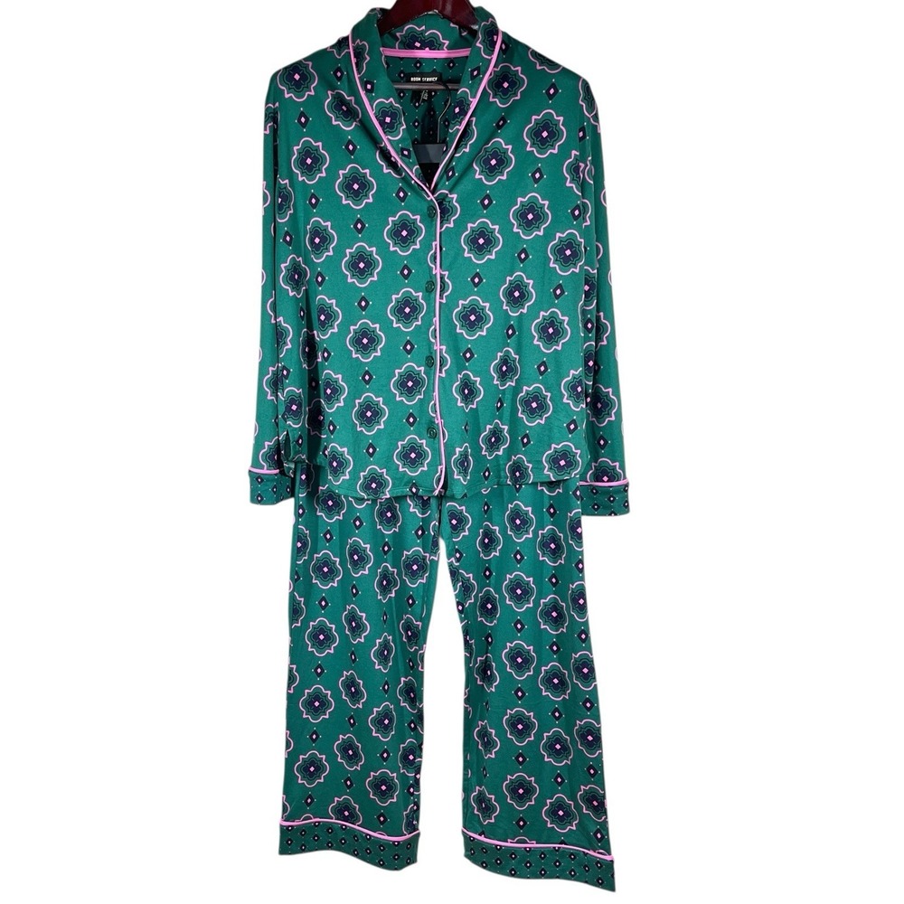 Room Service Pajama Set Womens XL‎ Green Geo Shawl Collar Soft Jersey Comfort